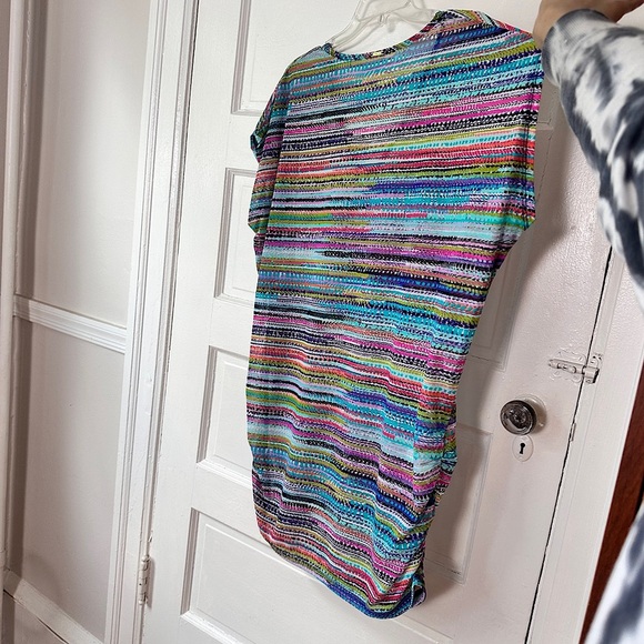 Anne Cole V-Neck Mesh Tunic Swimsuit Coverup Colorful Stripes Ruched Sides NWT - Picture 8 of 14
